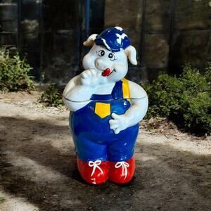 Vintage Cookie Jar-Ceramic Farmer Pig-Mid Century MCM Farmhouse Antique Kitschy